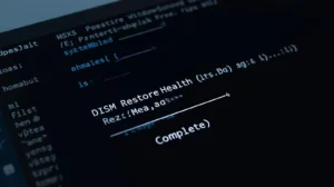 Windows 11 PowerShell running DISM RestoreHealth command with progress percentage, dark theme terminal, clean tutorial look”