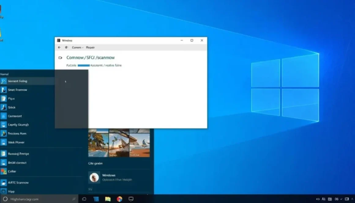 “Windows 11 desktop showing Command Prompt running SFC _scannow, digital repair progress bar, blue system repair concept, clean modern UI