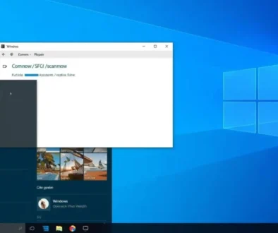 “Windows 11 desktop showing Command Prompt running SFC _scannow, digital repair progress bar, blue system repair concept, clean modern UI