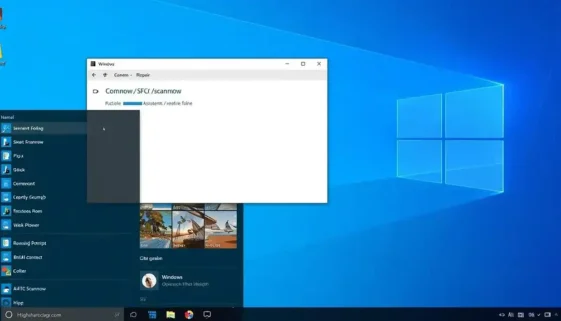 “Windows 11 desktop showing Command Prompt running SFC _scannow, digital repair progress bar, blue system repair concept, clean modern UI