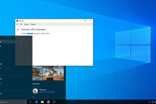 “Windows 11 desktop showing Command Prompt running SFC _scannow, digital repair progress bar, blue system repair concept, clean modern UI