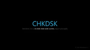 “Windows 11 disk check screen during boot showing CHKDSK scanning progress, black background, white text, realistic”