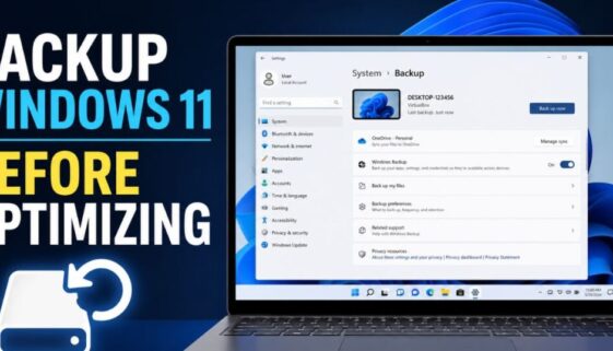 backup windows 11 before optimizing showing System Restore Point creation and File History setup screens
