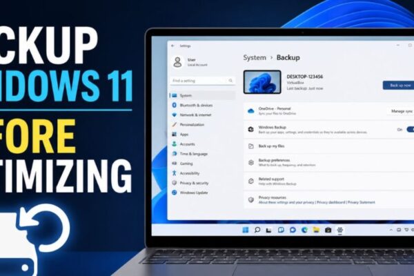backup windows 11 before optimizing showing System Restore Point creation and File History setup screens