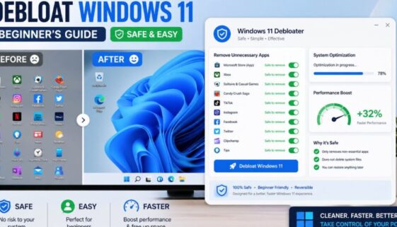 debloat windows 11 safely for beginners showing app removal settings and telemetry reduction toggles