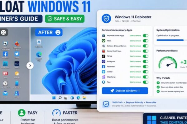 debloat windows 11 safely for beginners showing app removal settings and telemetry reduction toggles