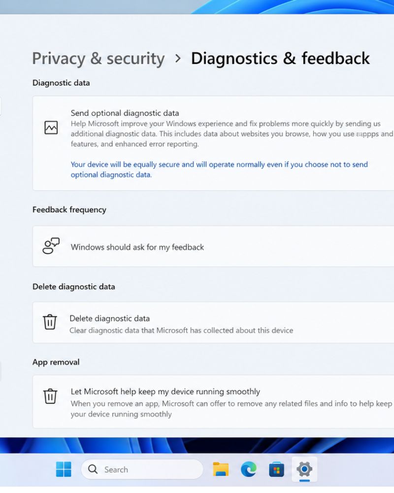 windows 11 debloat tutorial showing Settings > Apps > Installed apps and Privacy telemetry toggles