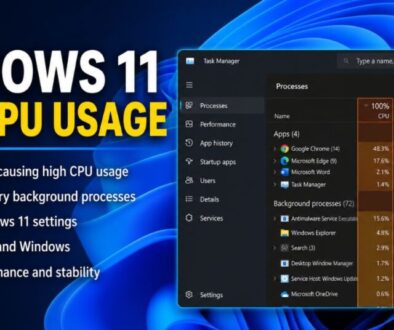 fix Windows 11 high CPU usage showing Task Manager with CPU usage at 100% and process list