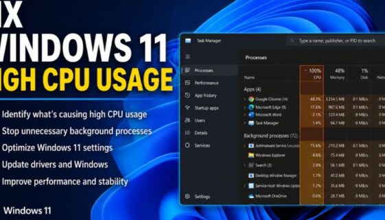 fix Windows 11 high CPU usage showing Task Manager with CPU usage at 100% and process list