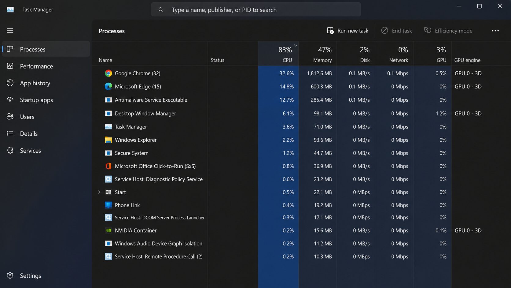 Task Manager showing how to fix high CPU usage in Windows 11.