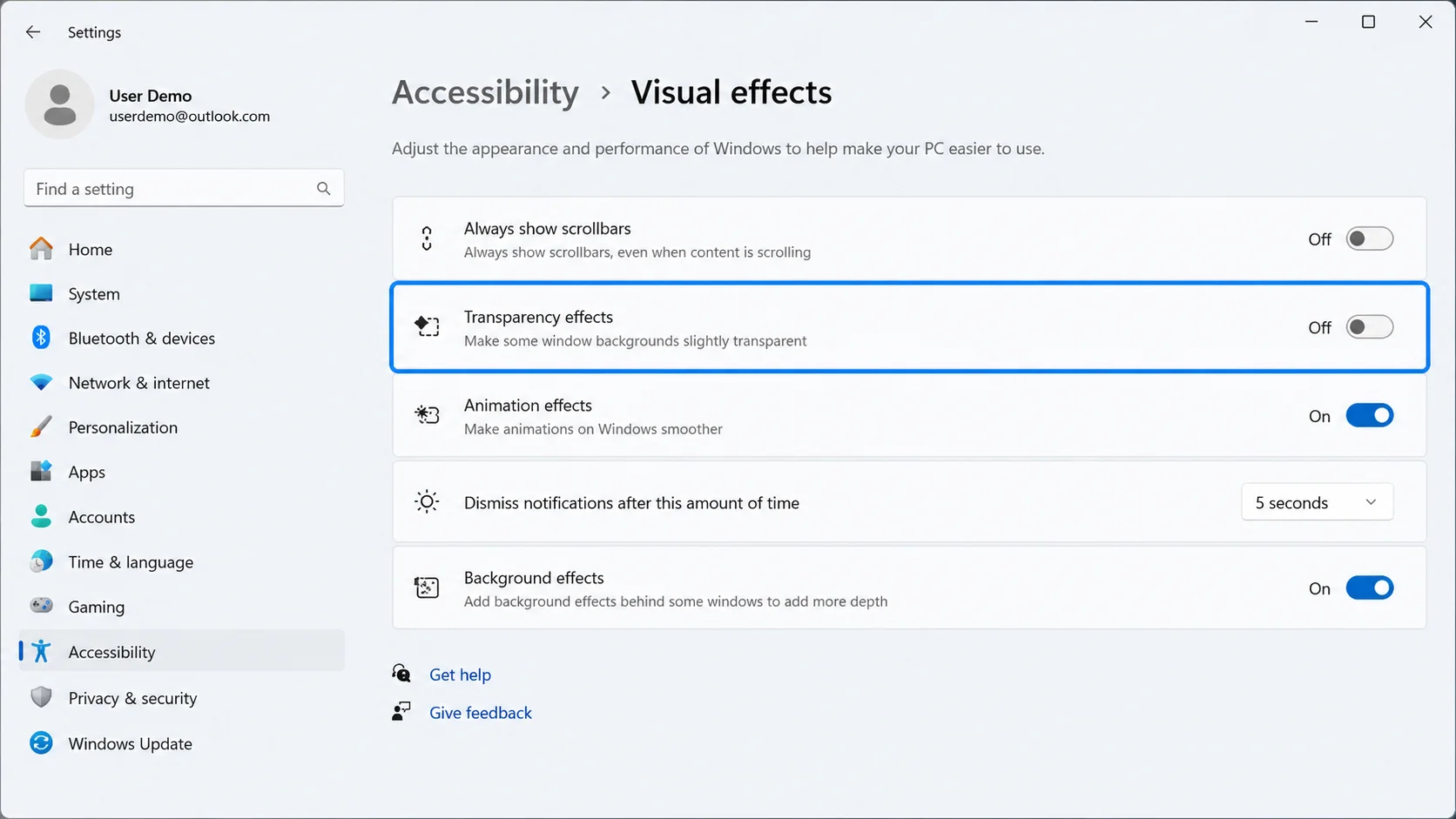 Disable transparency effects in Windows 11