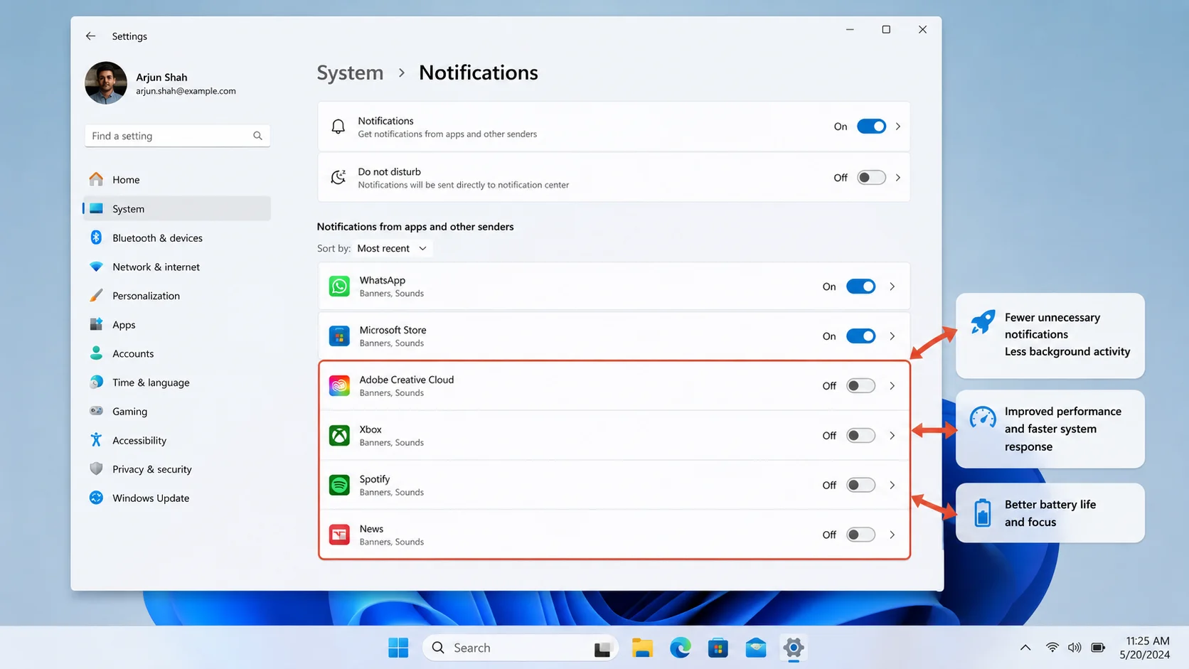 Windows 11 notification settings for improved performance