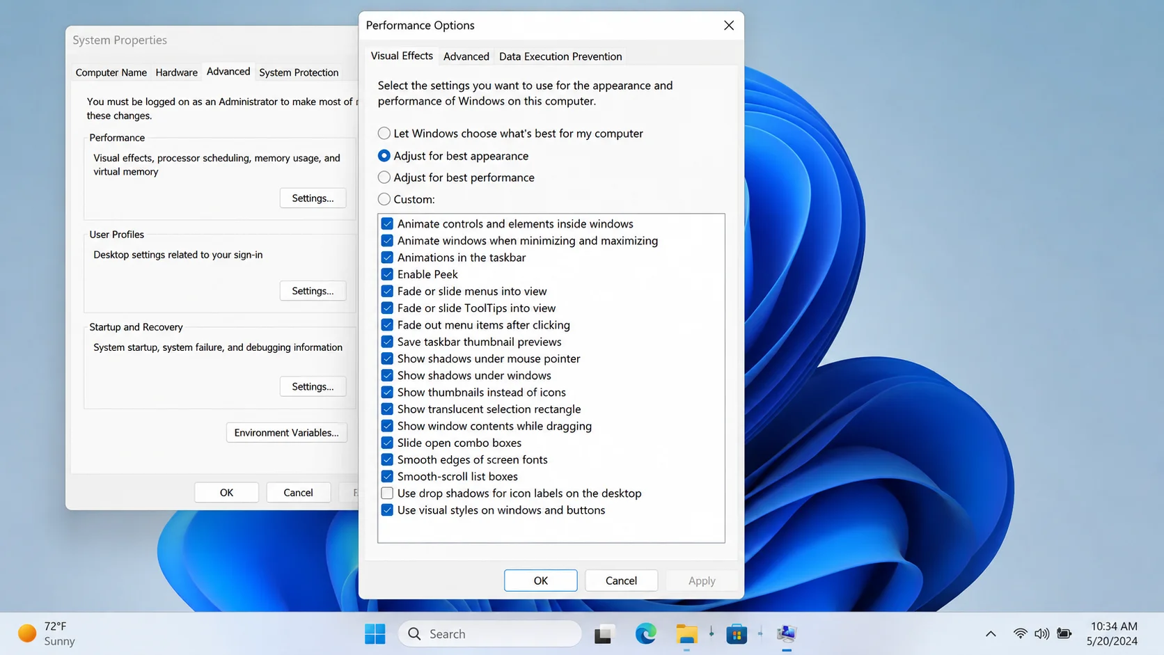 Visual effects settings to speed up Windows 11 on a low-end laptop