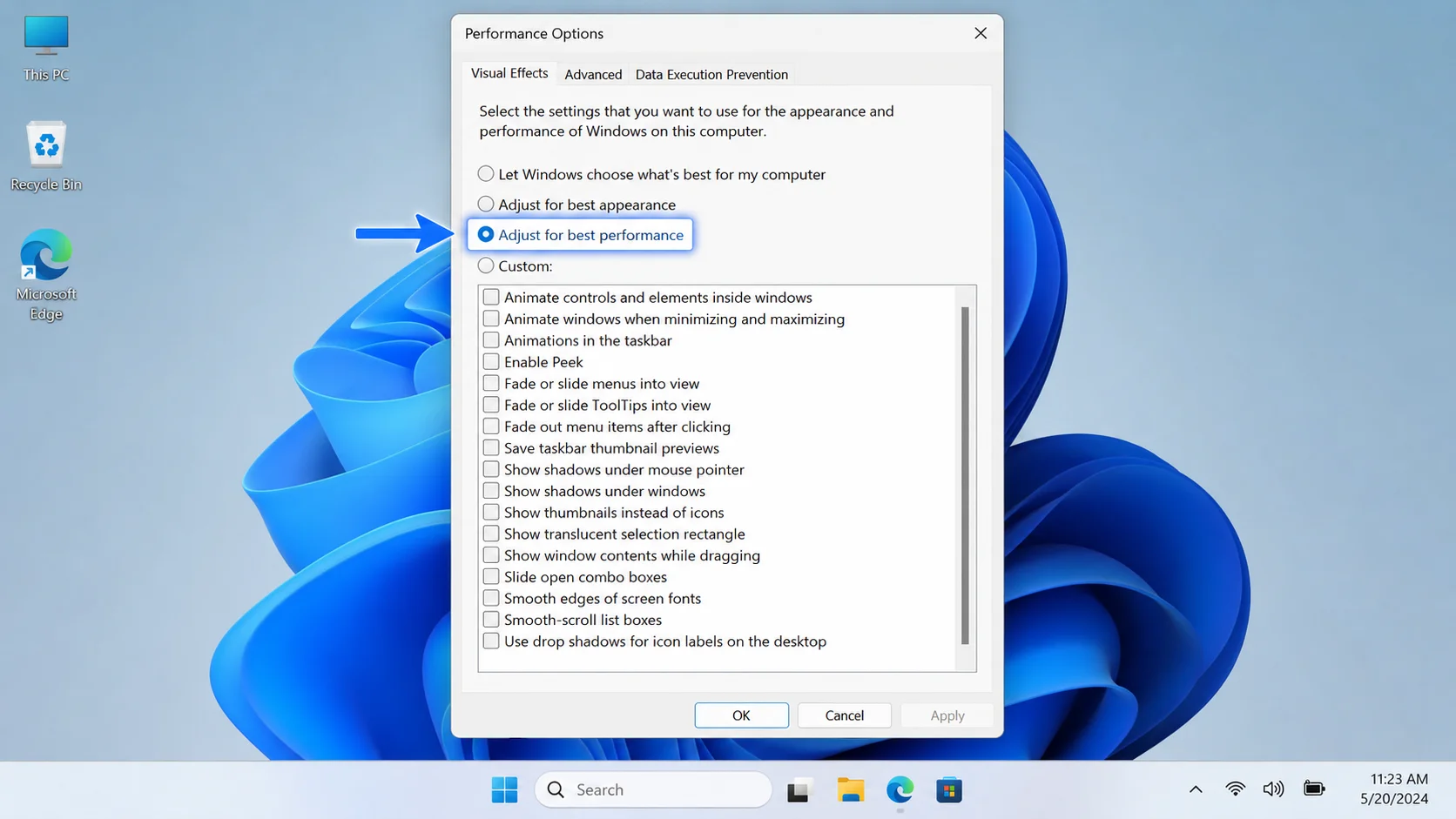 Adjust Windows 11 visual effects for best performance